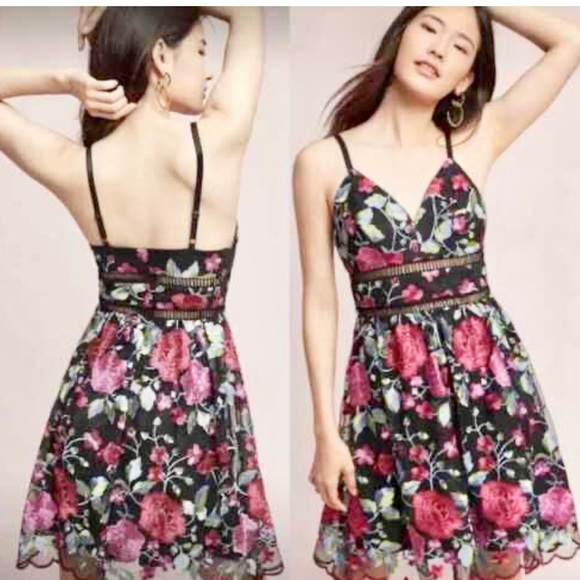 Nicole Miller Dresses & Skirts - Nicole Miller Black Mini Dress with Pink Floral Embroidery